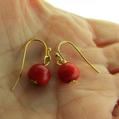 Vintage Genuine Red Coral Bead Dangle Earrings 925 Silver Plate 8mm .75 inch