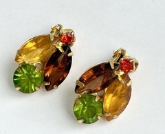 VTG Juliana Multicolor Autumn Marquise Rhinestone Leaf Brooch & Clip-On Earrings