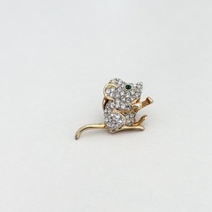 Vintage Clear Crystal Green Eyed Mouse Animal Gold Tone Lapel Pin