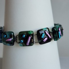 Handcrafted Dichroic Fused Glass Bracelet | Square Links | Blue-Green