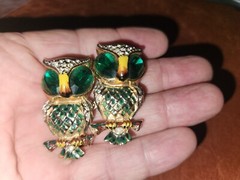 Vintage Coro Green Glass & Enamel Duette Owl Pin With Earrings