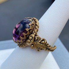 Vintage Ring Czech Glass Purple Cabochon Twisted Brass Adjustable Filigree Bezel