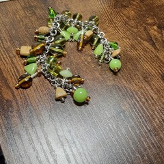 Bracelet upycled chain vtg beads green tan handmade size 7.5