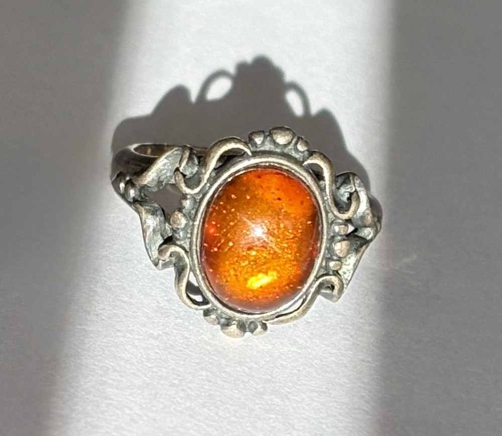 Vintage 925 Sterling Silver Honey Amber Ring Size 6 Stamped BY or BV 4.54g