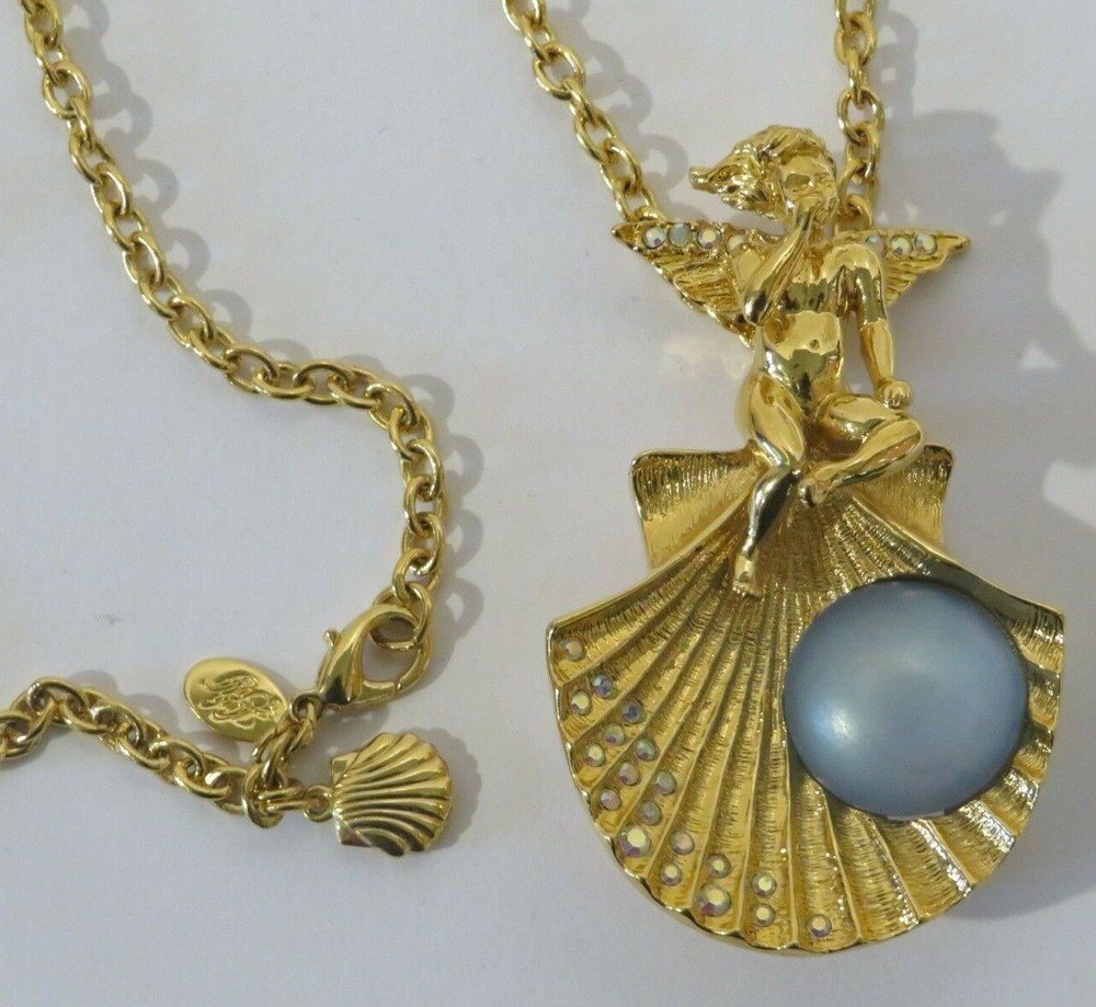 Vintage KIRKS FOLLY Fairy Angel Shell BLUE Faux Pearl Brooch Pin Necklace Chain