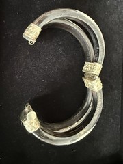 Vtg. Horn & Bone Hinged Bangle Bracelet w Repoussé Metal Pin Clasp