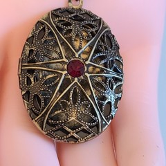 SALE Vintage Gothic Locket Pendant Red Glass Stone Spiderweb Filigree Starburst
