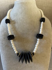 Vintage 18” Bone Wood Disc Horn Glass Beaded Artistic Necklace Cream Black