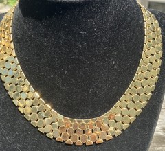 Vintage Gold Tone Honeycomb Hexagon Link Collar Choker Statement Bib Necklace