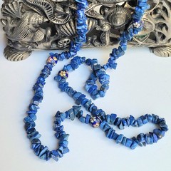 VTG Blue Lapis Sodalite Chip Cloisonne Enamel Beads Flower Necklace 34″ No Clasp