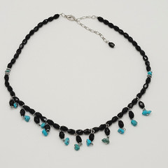 Southwestern Style Black Glass Faux Turquoise Beaded Fringe Vintage Necklace