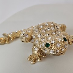 Vintage Frog Brooch Gold Tone Rhinestones Huge Statement Pin Green Eyes 3.5 In.