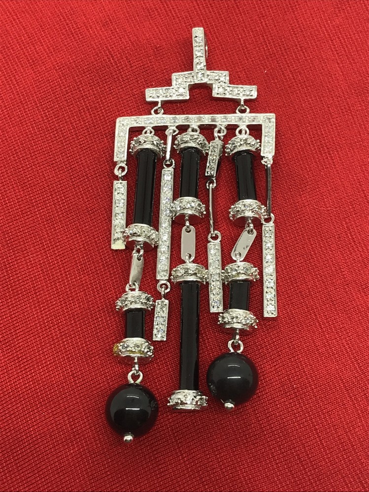 Vintage 925 Sterling Silver Black Onyx Clear Cubic Zirconia Pave Bold Pendant