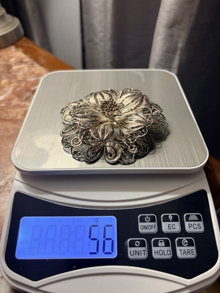 Antique Made In Mexico 900 Silver Floral Filigree Brooch 3D 3.75” 56 Grams