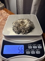 Antique Made In Mexico 900 Silver Floral Filigree Brooch 3D 3.75” 56 Grams