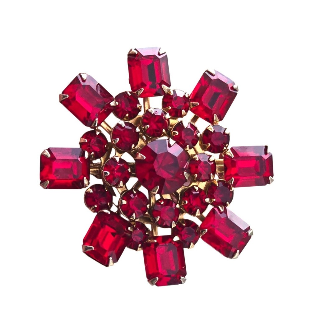 Vintage CZECH Garnet Glass Brooch Sparkling Bohemian rhinestones red Jewelry