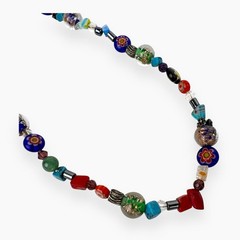 Vintage Glass Beaded Necklace Colorful Natural Stone Chips Artisan Boho Chic