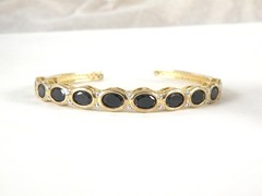Vintage Sterling Silver 925 Gold on Natural Black Spinel Hinged Bracelet 7.5″