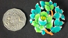 Vintage Silver Cloisonne Rose Brooch Green Blue Enamel Floral Pin