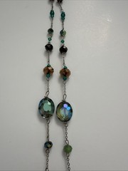 Vntg Long Green Faceted Crystal Bead Necklace Silver Tone Artisan Boho Layering