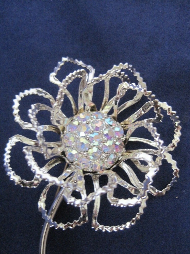 Flower Pin Silver Tone Aurora Borealis Rhinestones Stamped Name on Back