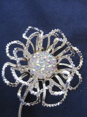 Flower Pin Silver Tone Aurora Borealis Rhinestones Stamped Name on Back
