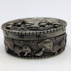 Vtg JJ Jonette Pewter Mushroom Trinket Box Brooch Pin Matching Earrings Signed