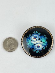Vintage Wood Hand Paint Russian Lacquer Blue Green Floral Flower 2″ Brooch Pin