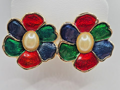 Vtg Clip Earrings 1980s-1990s Red Green Blue Floral w Faux Pearls Enamel Pretty
