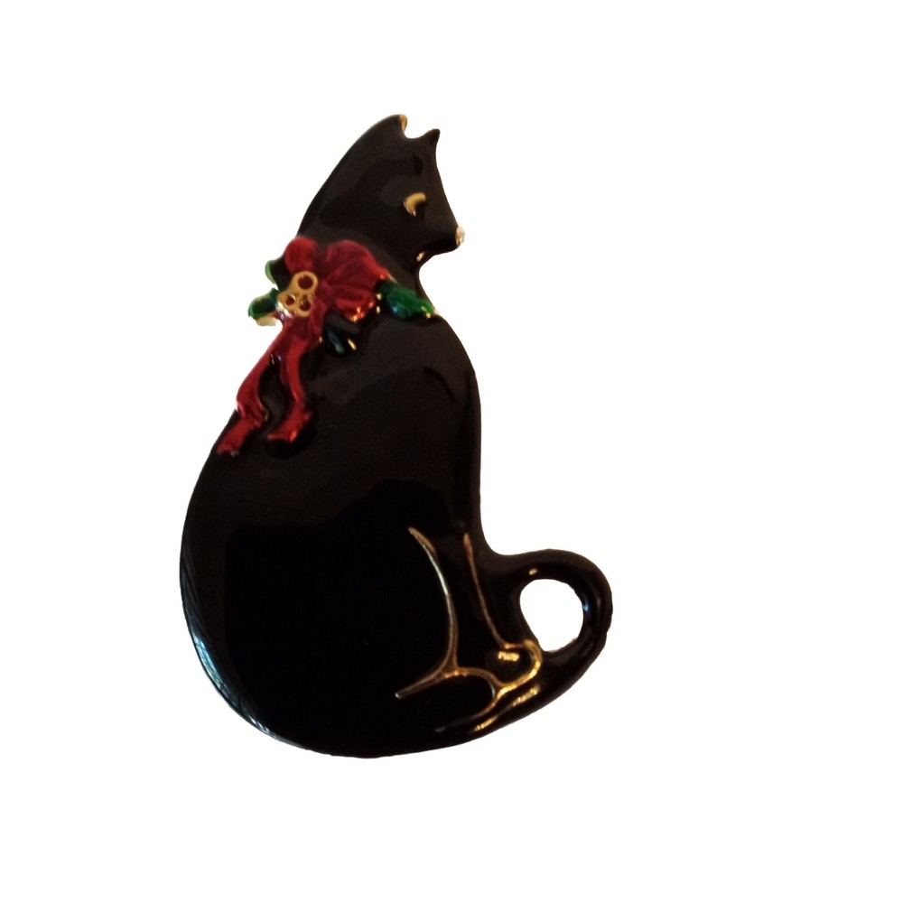 VTG VERO Brooch Pin BLACK RED ENAMEL CHRISTMAS KITTY CAT With BOW Signed