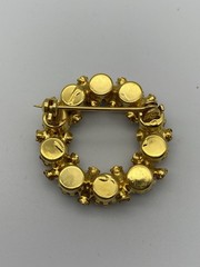Wreath Circle Ruby Red, Blue & Rhinestone Gold Tone Brooch