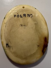 Vintage Hand Carved Stone Pendant Signed Poland Folk Art Necklace Ivory Tone