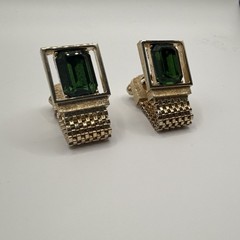 Vintage Gold Tone Rectangle Bullet Back Cufflinks Green Stone Accent for Men