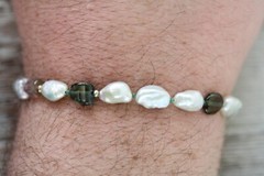 VINTAGE TOURMALINE PEARL STERLING SILVER 925 BEADED BRACELET 8″ STACK TOGGLE