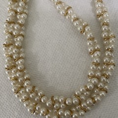 Vintage Trifari 1980s? Braided Faux Pearl Necklace Gold Tone Trim Excellent 28”