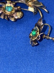 Vintage Gold & Rose Tone Flower Green Rhinestones Brooch & Earrings Set 1/20 12k
