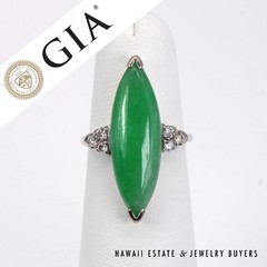 GIA Type A Green Jadeite Jade Diamond 14K White Gold Ring Size 5