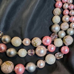 Vintage Japan-Stamped Pink Gray 3 Strand Beaded Bib Necklace Faux Pearl Crystal