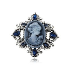 Vintage Cameo Lady Rhinestone Brooch Pin for Women Girls Antique Medium, Blue