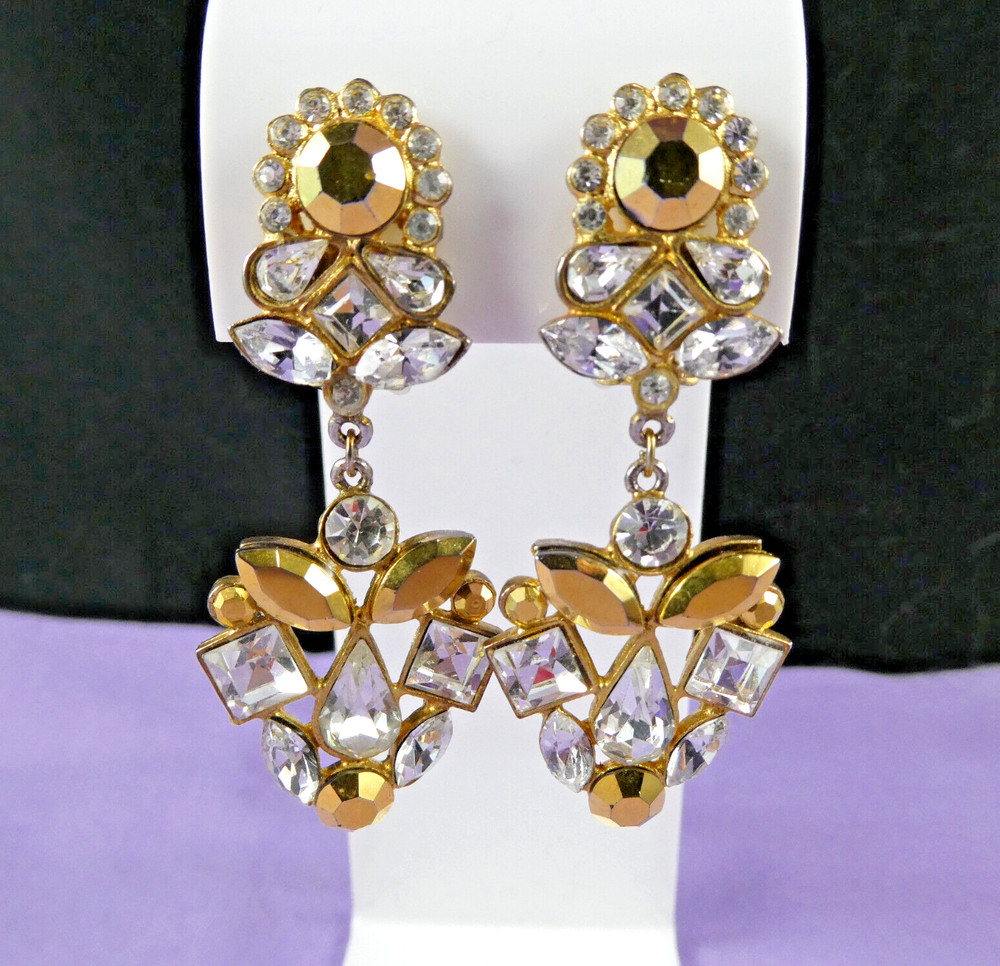 NICE Vintage Signed TONA Crystal Dangle Earrings Icy Clear & Golden Rhinestones