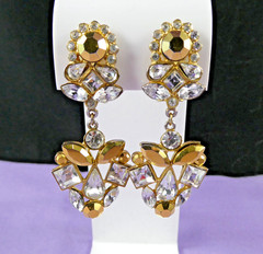 NICE Vintage Signed TONA Crystal Dangle Earrings Icy Clear & Golden Rhinestones
