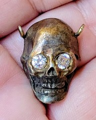 Vintage SKULL Pendant w Gem Eyes Gold On Sterling Silver Jeweled FANTASTIC