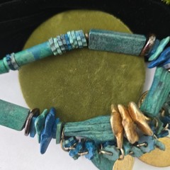 Vintage Lonnie Lovness Missing Tag Blue Gold Beads Boho Style Necklace 23″L