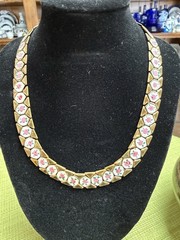 Vintage 1940s Enamel Brass Panel with Hand Painted Pink Rose Choker Necklace 15″