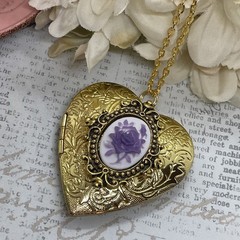 Gold Heart Locket Birthday Anniversary Wedding Purple White Rose Cameo Necklace