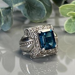 London Blue Topaz Sterling Silver Statement Ring-Emerald Cut Gemstone- Size 6.25