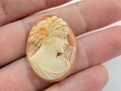 Vintage Loose Hand Carved Shell Cameo Woman with Harp 1 1/8 Inch x 7/8 Inch 3.4g