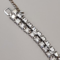 Vintage Rhinestone Bracelet Blue Clear Tapered Silver Tone Safety Chain 6.5″
