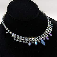 Vintage Blue AB Rhinestone Sparkly Crystal Choker Necklace Adjustable 15.5in