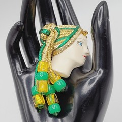 Lady Face Hand Painted Resin Braided Bead Long Hair Art Deco Revival Brooch Pin